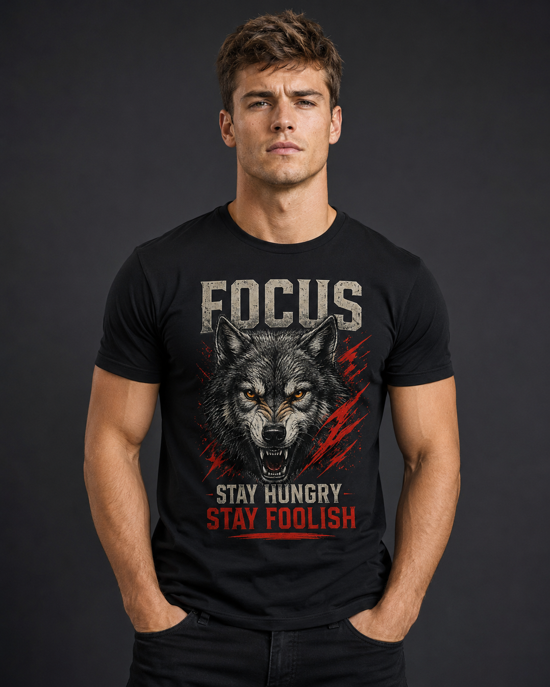 Focus Stay Hungry Stay Foolish Wolf Graphic T-Shirt | Motivational Gym Tee for Men