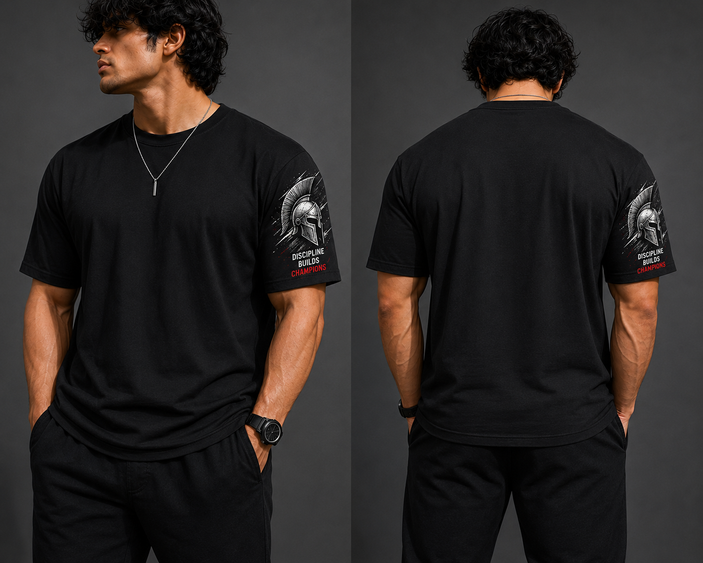 Discipline Builds Champions Spartan Sleeve Print T-Shirt | Oversized Gym Tee for Men