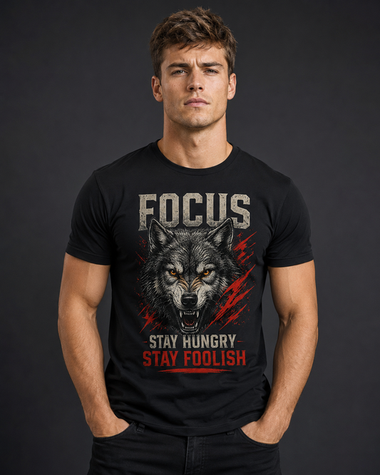Focus Stay Hungry Stay Foolish Wolf Graphic T-Shirt | Motivational Gym Tee for Men