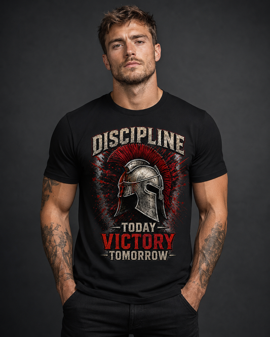 Discipline Today Victory Tomorrow Spartan Graphic T-Shirt | Warrior Gym Tee for Men