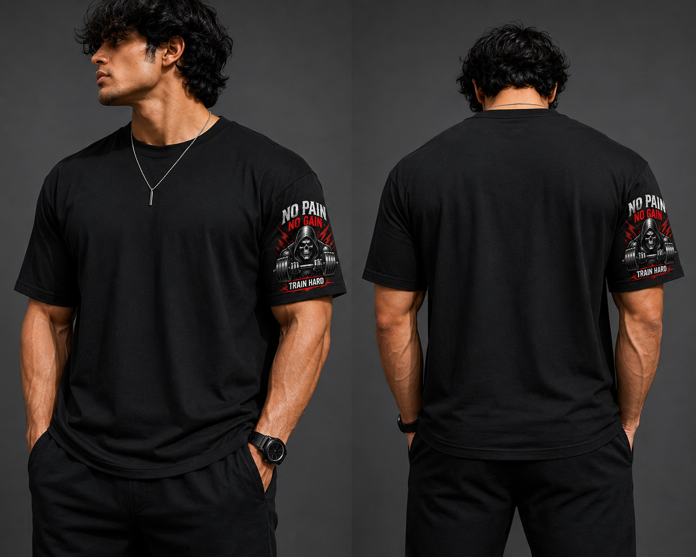 No Pain No Gain Train Hard Skull Sleeve Print T-Shirt | Oversized Gym Tee for Men