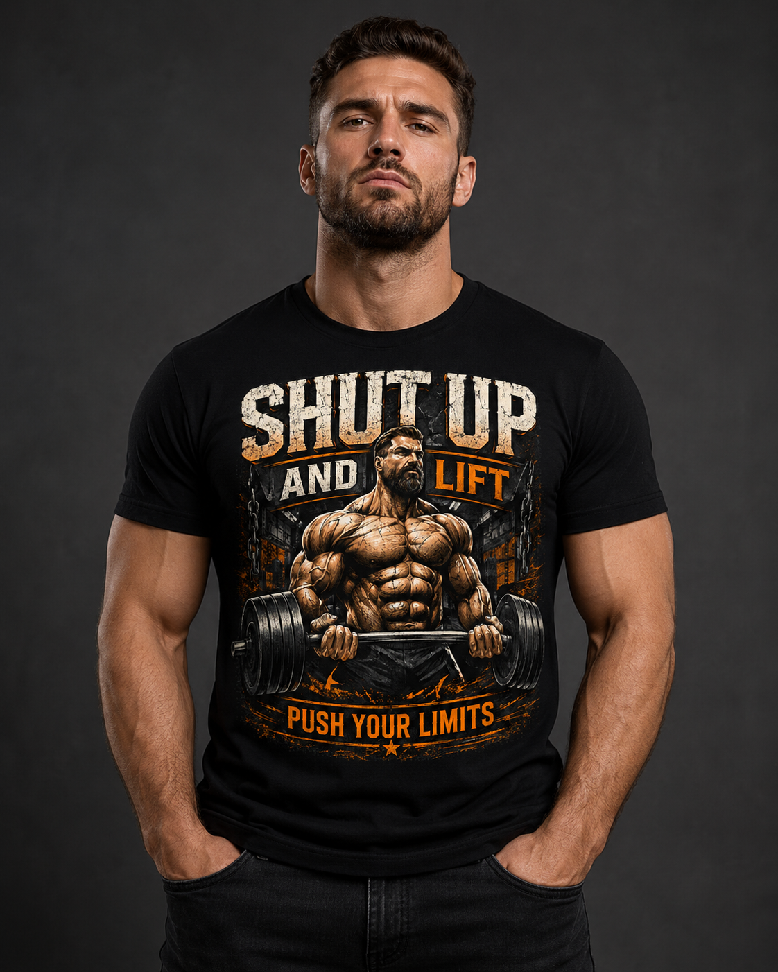 Shut Up and Lift Push Your Limits Bodybuilder Graphic T-Shirt | Gym Tee for Men