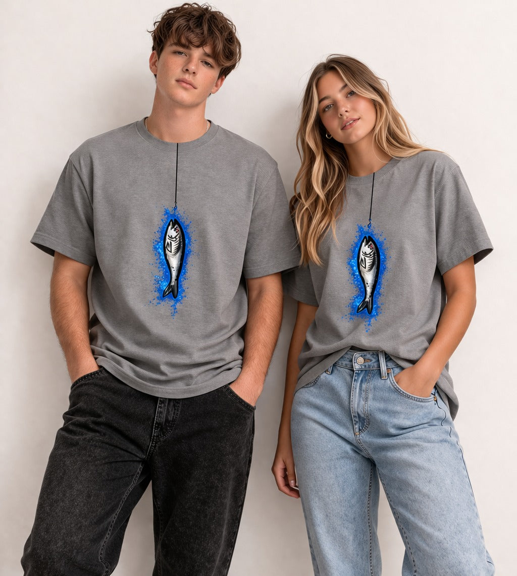 Two people wearing gray t-shirts with a fish graphic design on a plain background