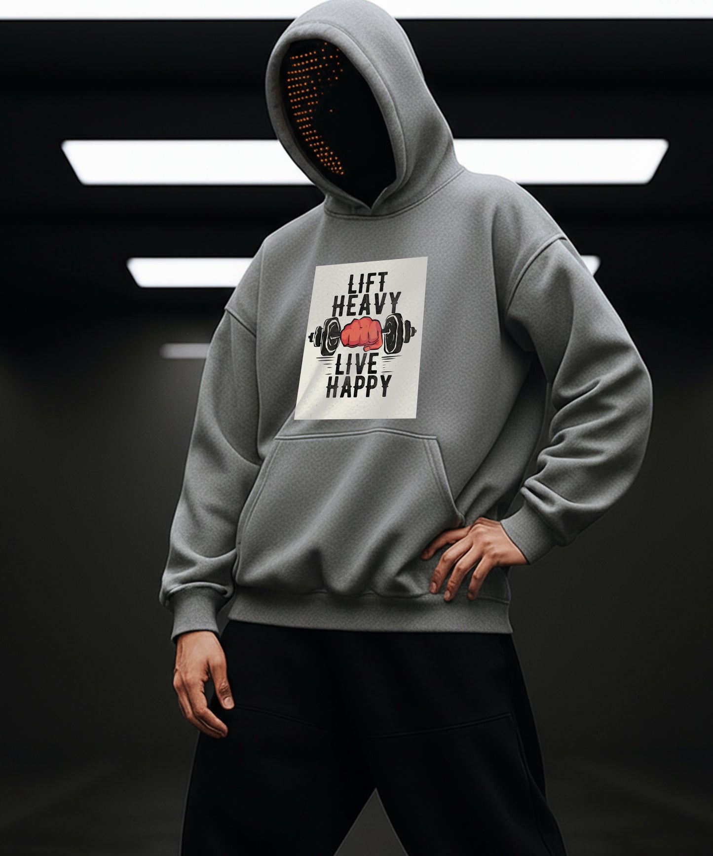 Gray hoodie with 'Lift Heavy Live Happy' graphic on a dark background